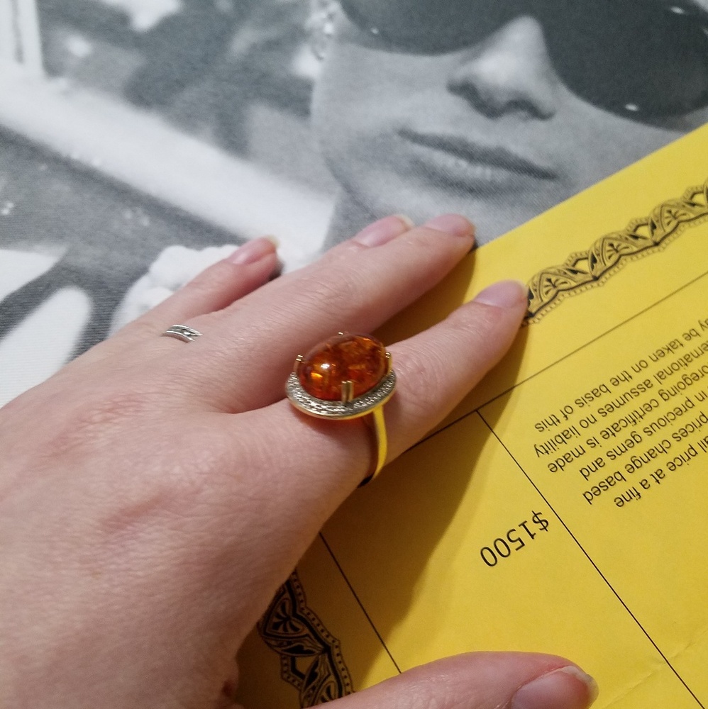 💎10K Gold Genuine Amber Diamond Ring💎